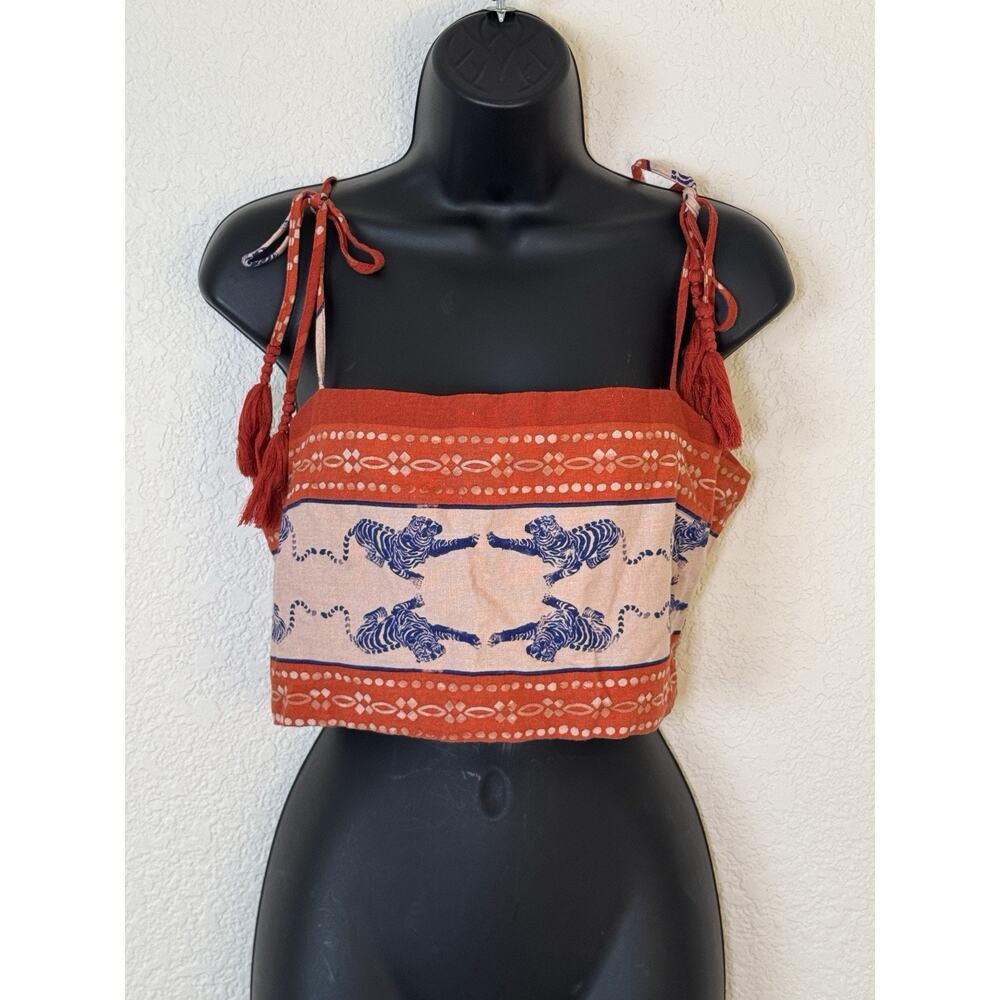 Caroline Constas Linen Blend Orange Blue Crop Top Tiger Print Medium - Picture 3 of 9